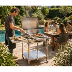 Barbecue Inox Charbon avec Chariot et Couvercle - PLANCHA TONIO