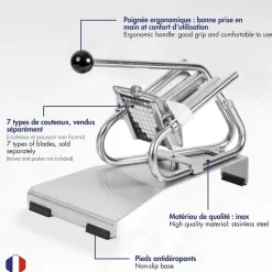 Coupe-Frites Professionnel inox sur socle inox - couteau inox + poussoir 10mm - Louis Tellier