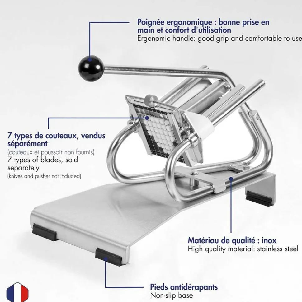 Coupe-Frites Professionnel inox sur socle - couteau inox + poussoir 8 mm - Louis Tellier