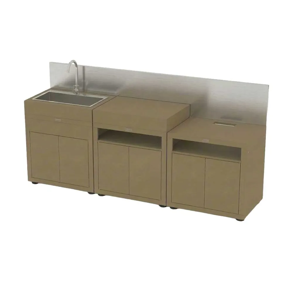 Cuisine 3 Eléments Taupe avec crédence inox - LE MARQUIER