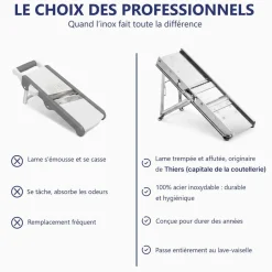 Mandoline inox professionnelle 3 et 10 mm avec chariot poignée bois - LOUIS TELLIER